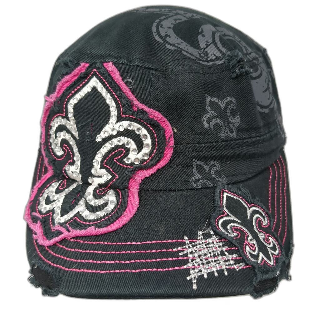 RainBow Army Cap Black OSFM Fleur De Lis Rhinestone Distressed Pink Stitch Hat